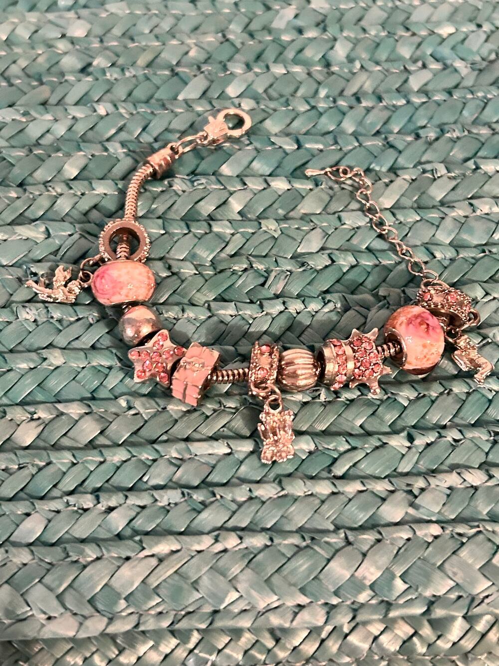 Pink Crystal Pave Floral Murano Glass Bead Charm Bracelet Silver Tone 8"